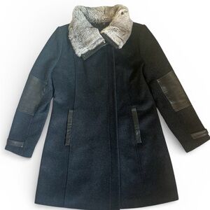 Andrew Marc Coat 12 Cashmere Wool Real Rabbit Fur Collar Leather Trim Black Gray